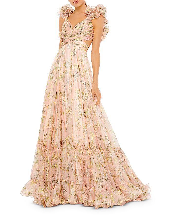 Floral Chiffon Cutout Ballgown In Pink Multi Product Image