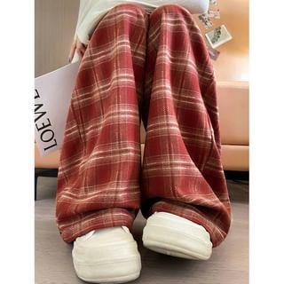 Drawstring Waist Plaid Wide Leg Pants Product Image