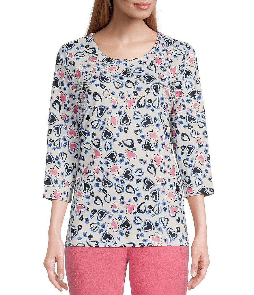 Allison Daley Embellished Tossed Heart Print 3/4 Sleeve Scoop Neck Knit Top Product Image