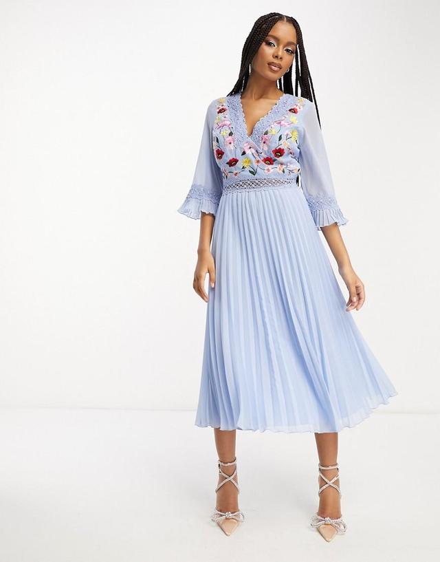 ASOS DESIGN lace insert pleated midi dress with embroidery in pale blue Product Image