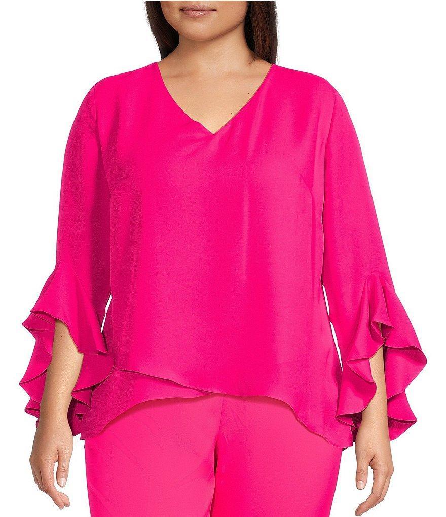 Vince Camuto Plus Size Luxe Crepe De Chine 3/4 Ruffle Sleeve V-Neck Crisscross Hem Tunic Product Image