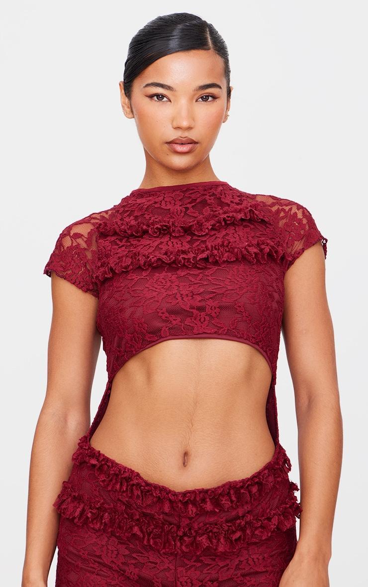 Burgundy Lace Ruffle Detail Cut Out Rara Skort Romper Product Image