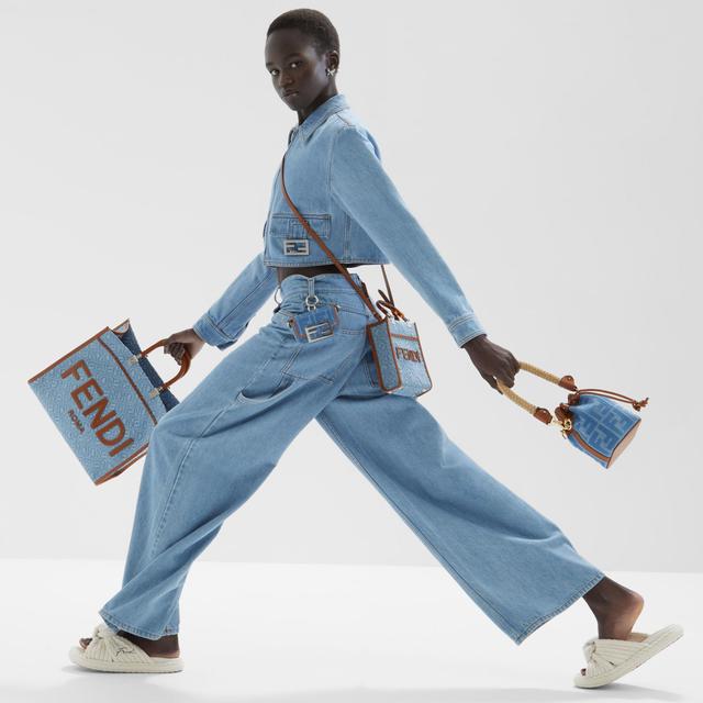 Fendi Sunshine MediumLight blue denim shopper bag Product Image