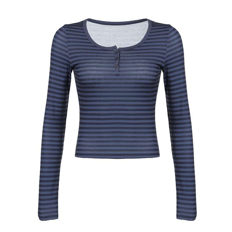 Long Sleeve Half-Button Striped Slim-Fit Crop Top Product Image