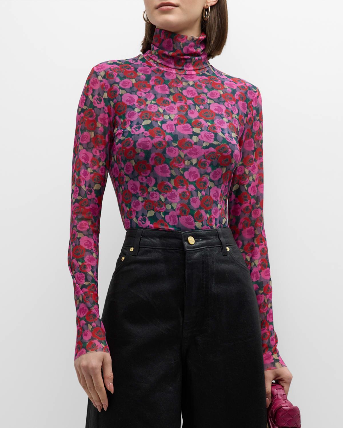 Floral Mesh Long-Sleeve Turtleneck Top Product Image