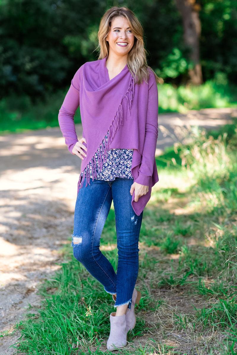 Mauve Fringe Trim Cardigan Product Image