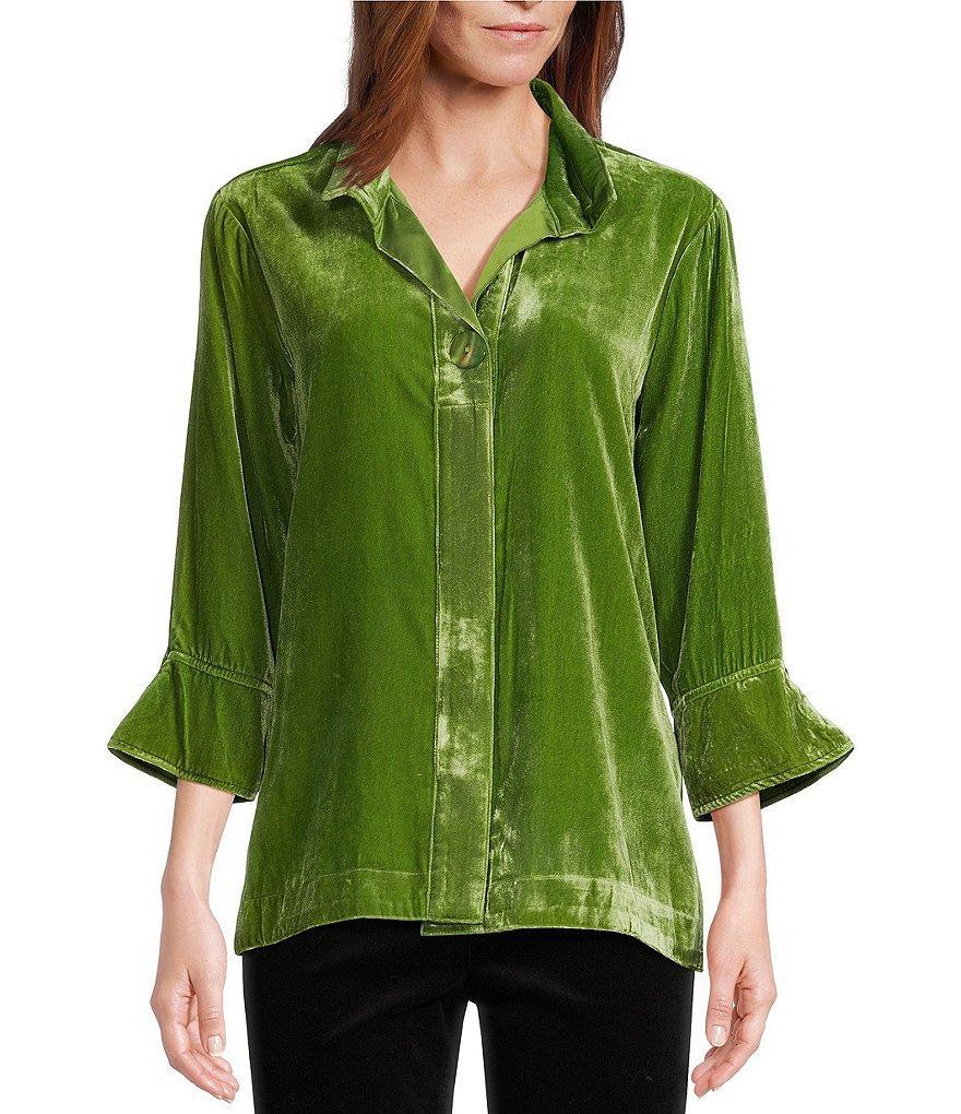 John Mark Woven Velvet Wire Collar 3/4 Rolled Sleeve Hi-Low Hem Tunic Product Image