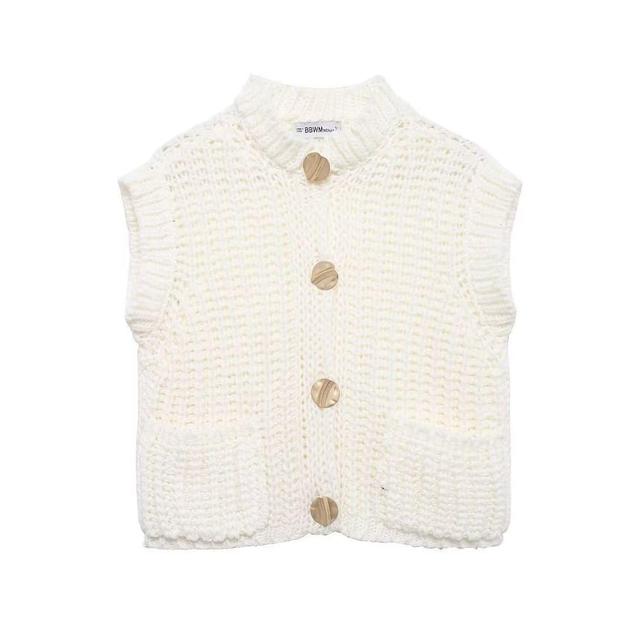 Plain Pocket Detail Chunky Knit Single-Breasted Sweater Vest Product Image