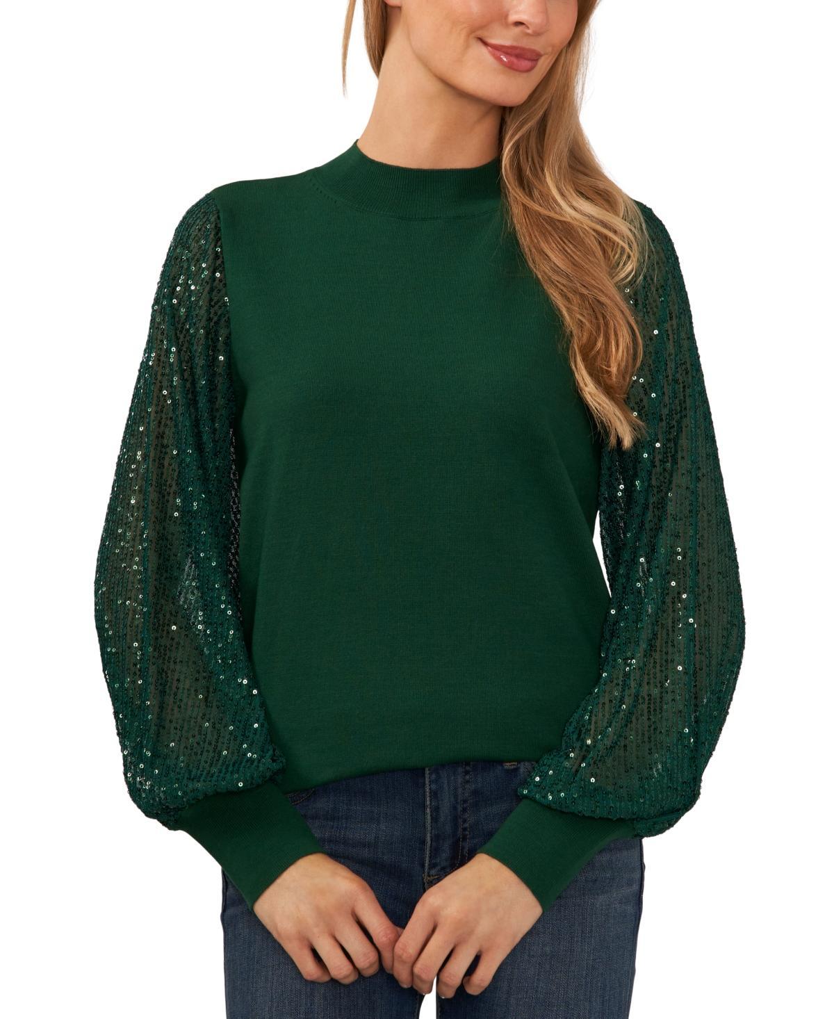 CeCe Womens Sheer-Sequin-Sleeve Mock-Neck Cotton Sweater Product Image