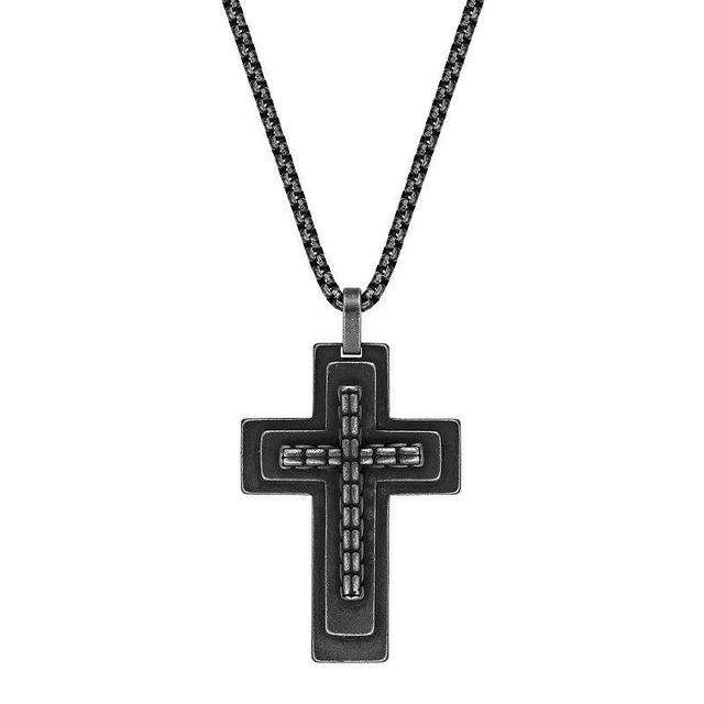 Mens LYNX Antiqued Black Ion Plated Stainless Steel Layered Cross Pendant Necklace Product Image