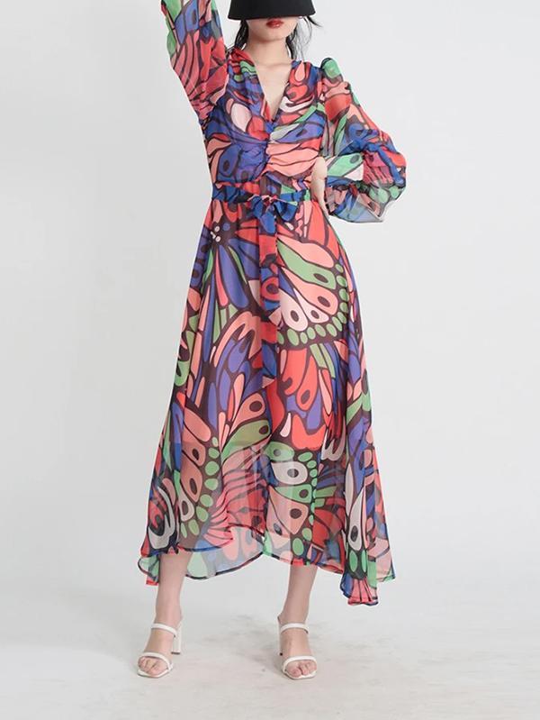 High Waisted Long Sleeves Buttoned Printed Split-Joint V-Neck Midi Dresses Product Image