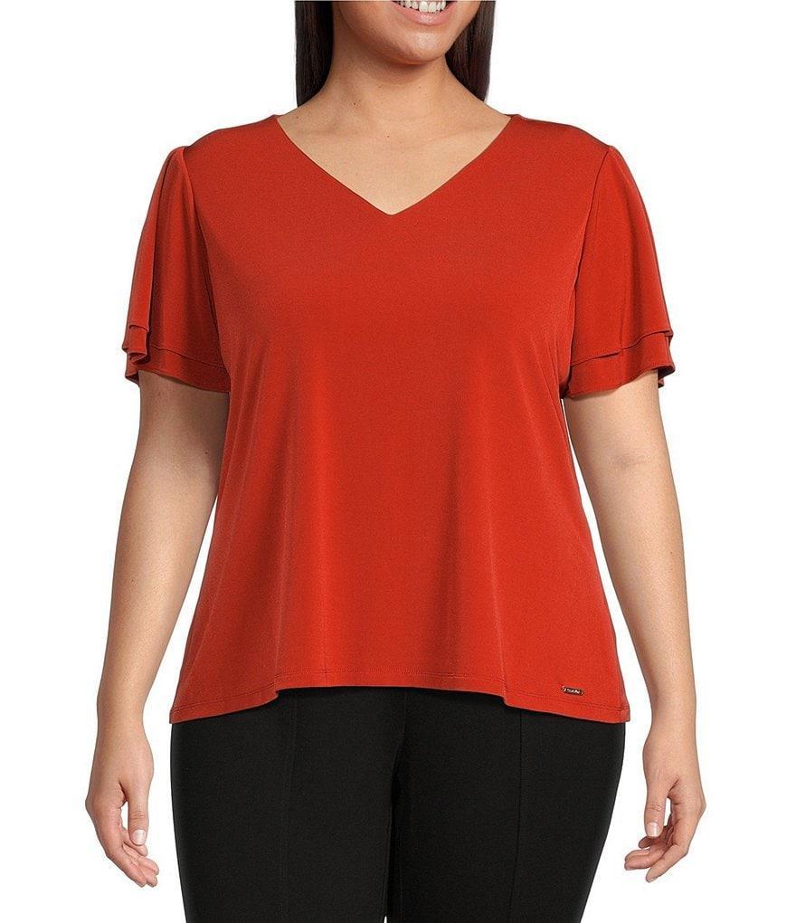 Calvin Klein Plus Size Knit Matte Jersey Short Flutter Sleeve V-Neck Top Product Image