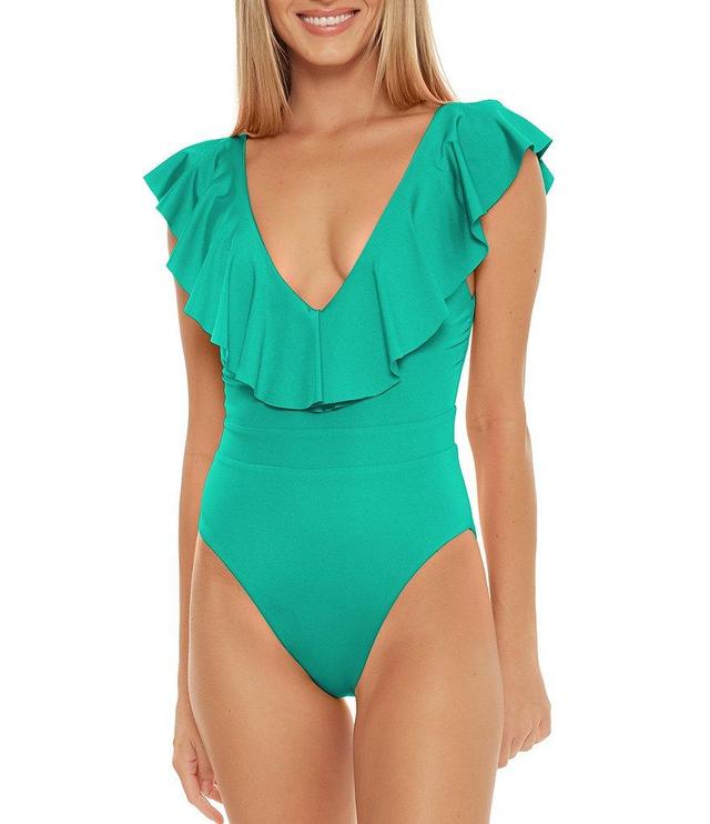 Trina Turk Monaco Solid Ruffle Plunge V-Neck One Piece Swimsuit Product Image