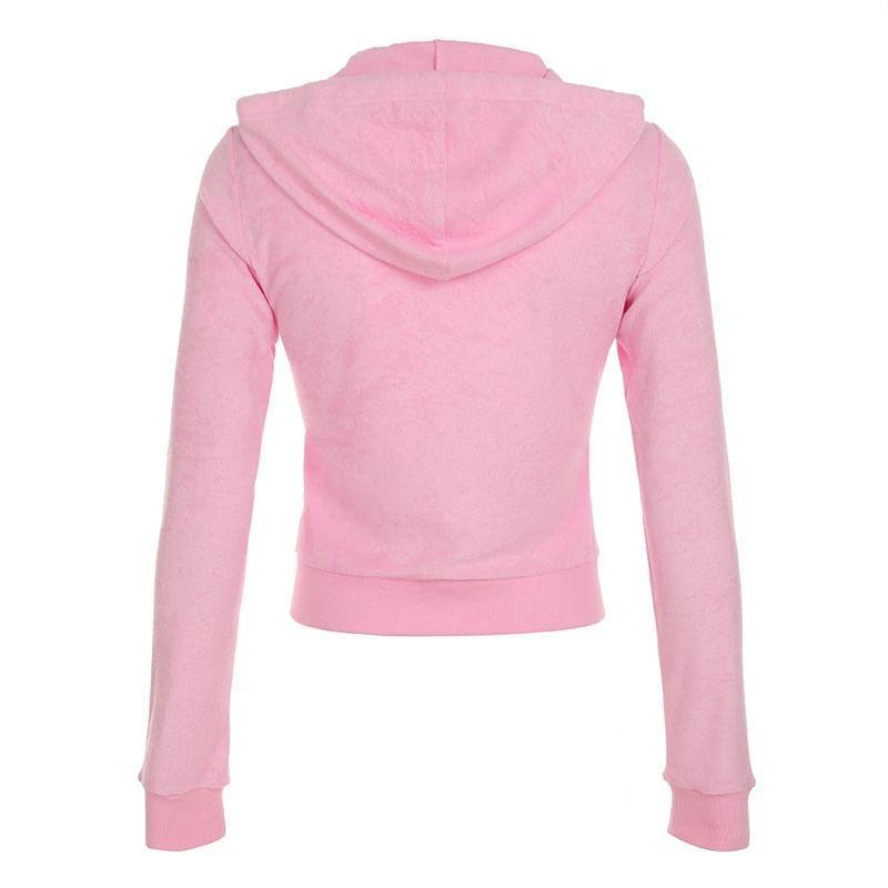 Drawstring Plain Crop Zip Hoodie Product Image