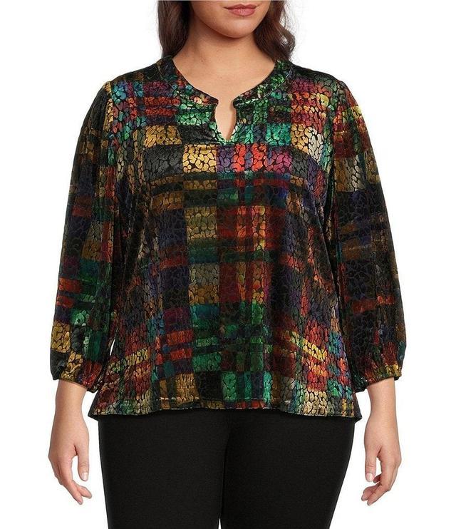 Calessa Plus Size Burnout Velvet Split V-Neck Long Sleeve Tunic Product Image