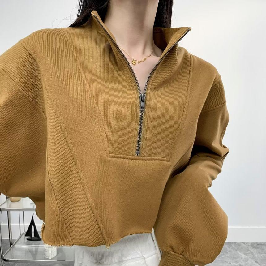 Long-Sleeve Plain High Neck Half-Zip Crop Sweatshirt Product Image