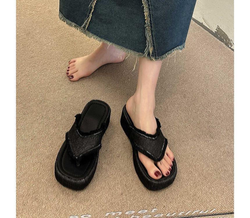 Fringed Trim Denim Platform Flip-Flops Product Image