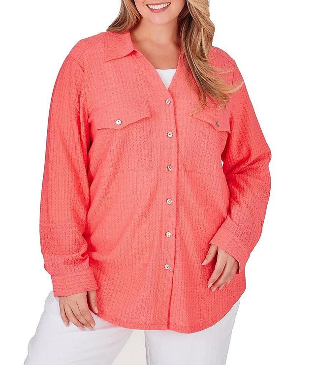 Ruby Rd. Plus Size Crinkle Pucker Point Collar Long Sleeve Flap Pocket Button-Front Shirt Jacket Product Image