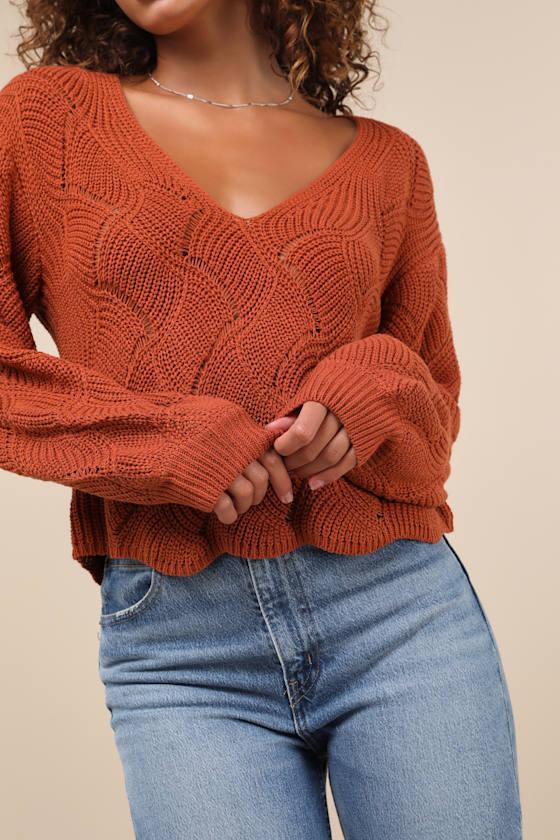 Cute Lifestyle Rust Orange Pointelle Knit V-Neck Sweater Top Product Image