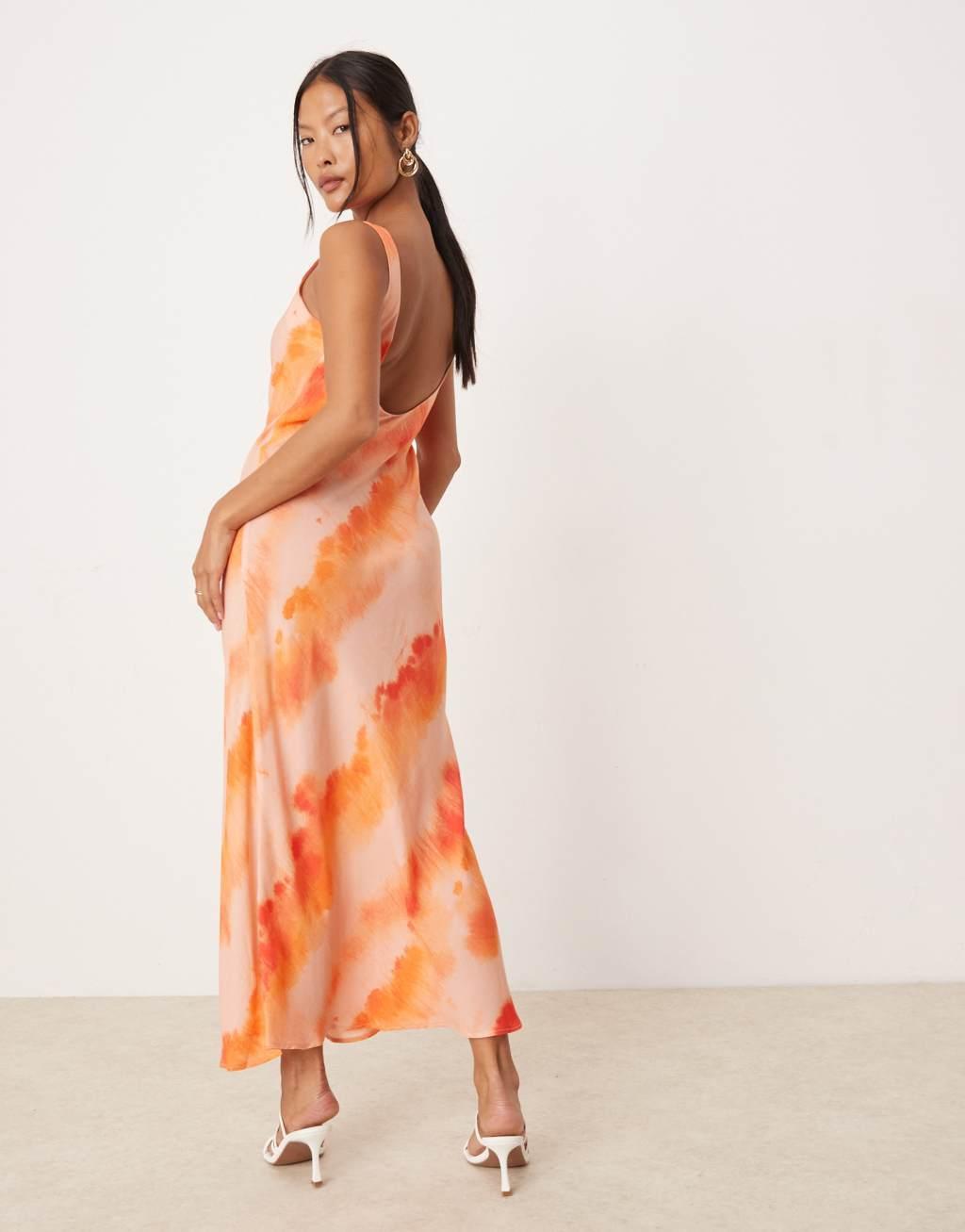 Miss Selfridge Petite slash neck scoop back maxi dress in orange tie dye print Product Image