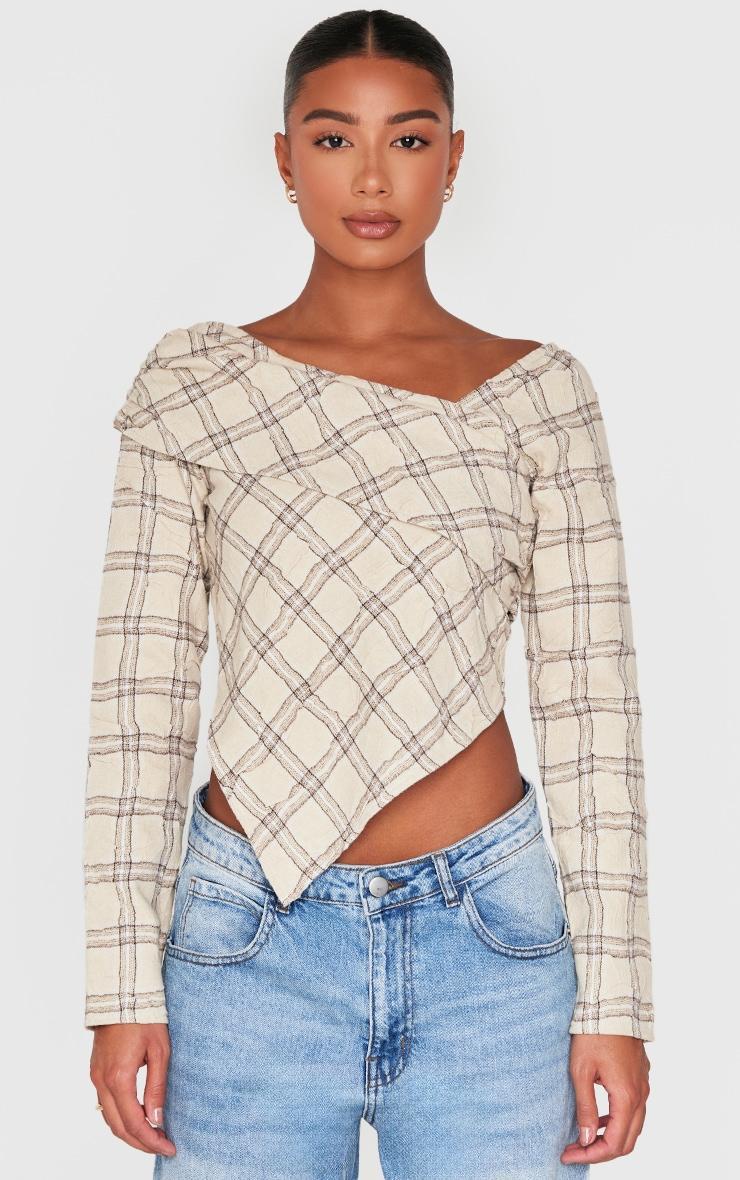 Beige Asymmetric Checked Long Top Product Image