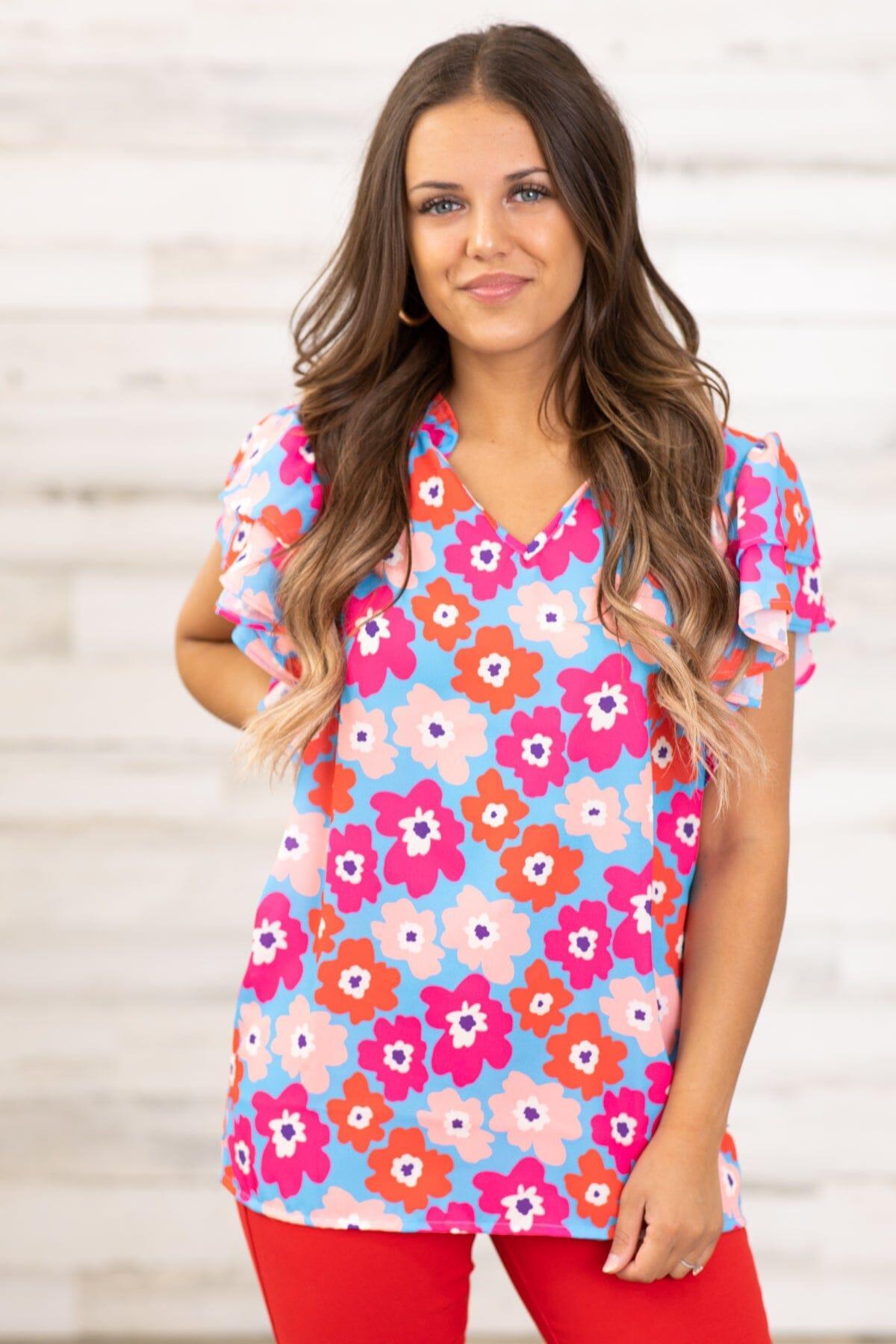 Hot Pink and Cornflower Floral Print Top Product Image