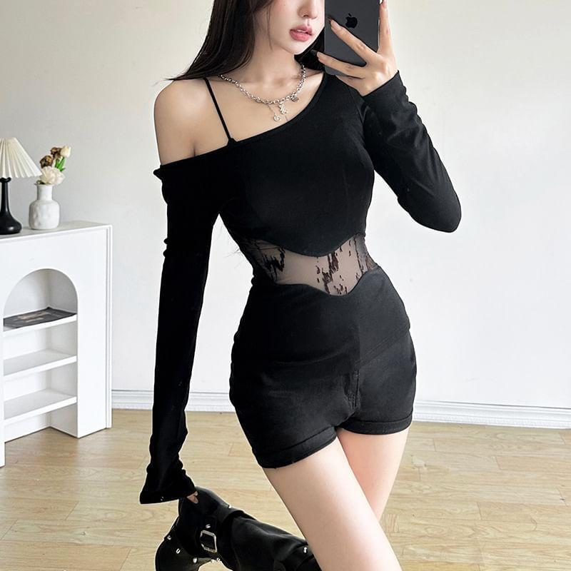 Long-Sleeve Cold-Shoulder Plain Lace Panel Tee Product Image