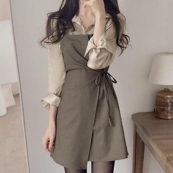 Long-Sleeve Plain Shirt / Spaghetti Strap Asymmetrical Mini A-Line Dress Product Image