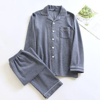 Pajama Set: Long-Sleeve Lapel Collar Button Top + Pants Product Image