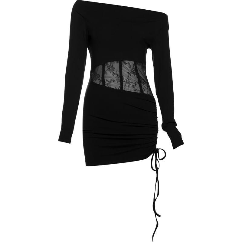 Long-Sleeve One-Shoulder Plain Lace Panel Drawstring Mini Sheath Dress Product Image