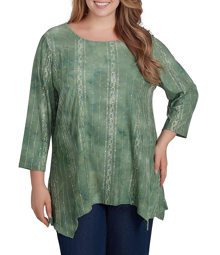 Ruby Rd. Plus Size Textured Knit Scoop Neck 3/4 Sleeve Shark-Bite Hem Sequin Top Product Image