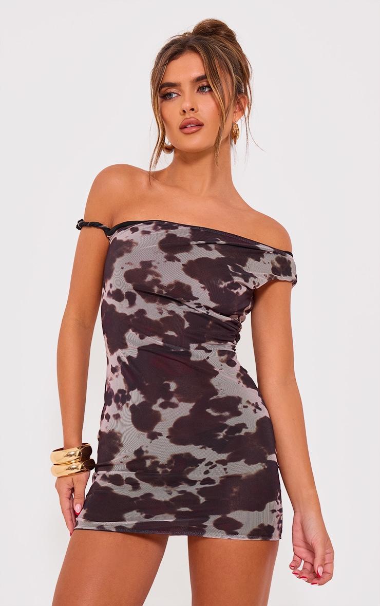 Brown Double Layer Slinky Cow Print Twist Bodycon Dress Product Image