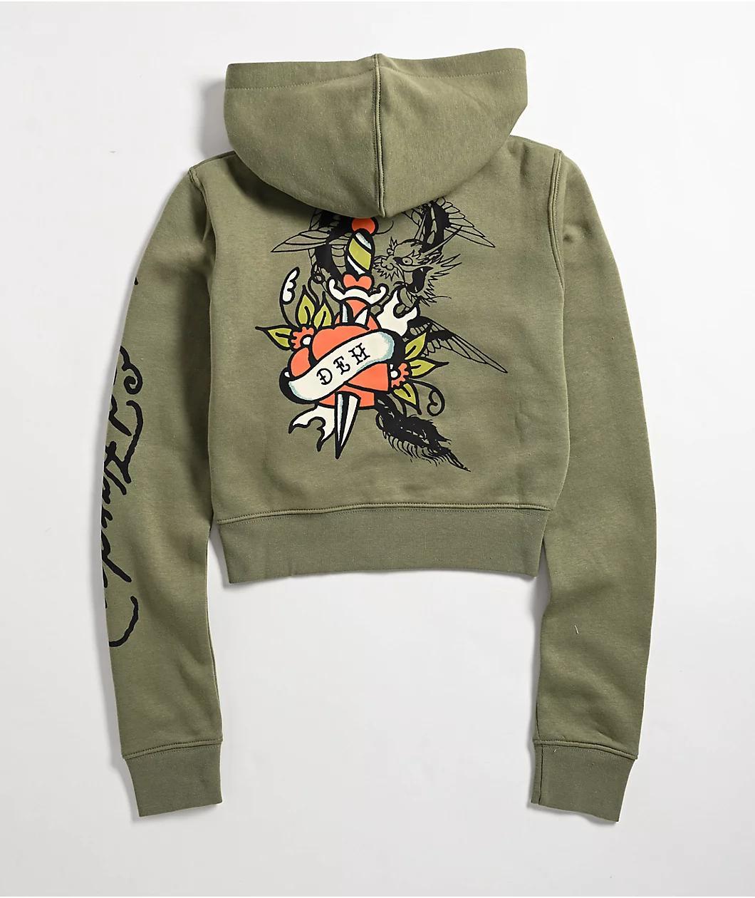 Ed Hardy Dragon Dagger Olive Crop Zip Hoodie Product Image