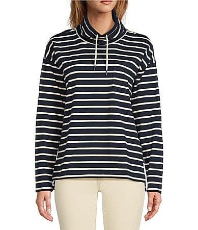 L.L.Bean Heritage Mariner Funnel Neck Pullover Stripe (Sailcloth/Classic Navy) Women's Clothing Product Image