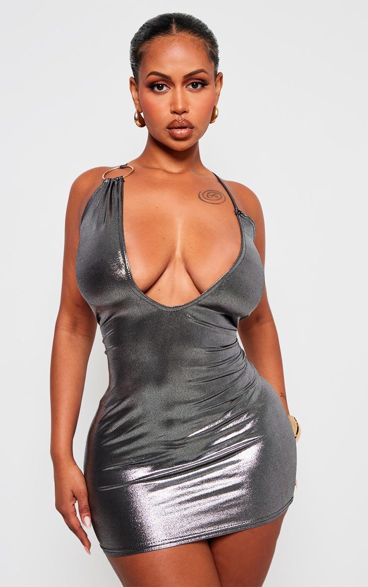 Shape Silver Metallic Ring Detail Plunge Bodycon Dress Product Image