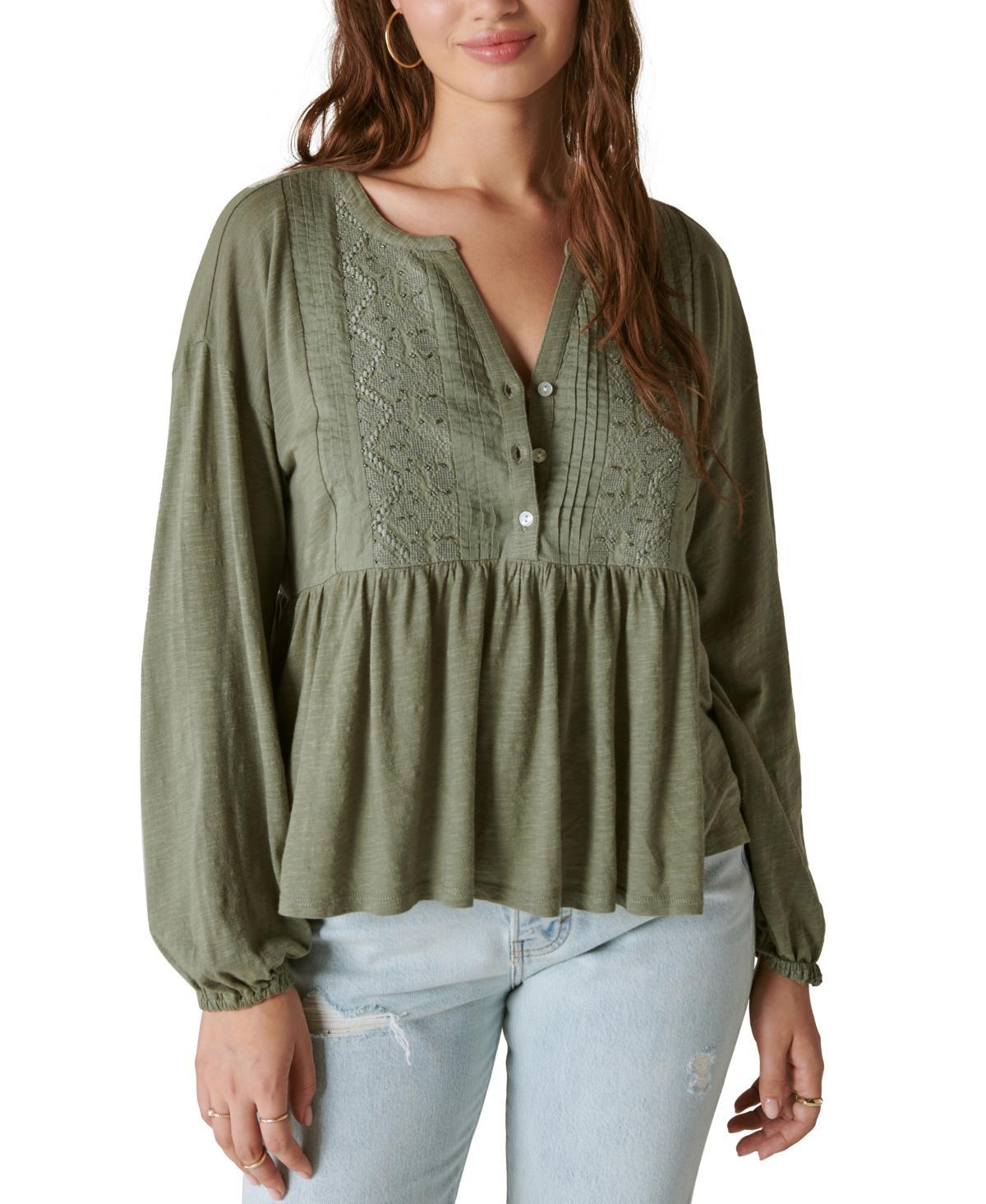 Lucky Brand Beaded Embroidered Pin Tuck Peplum Top (Balsam Green) Women's Clothing Product Image