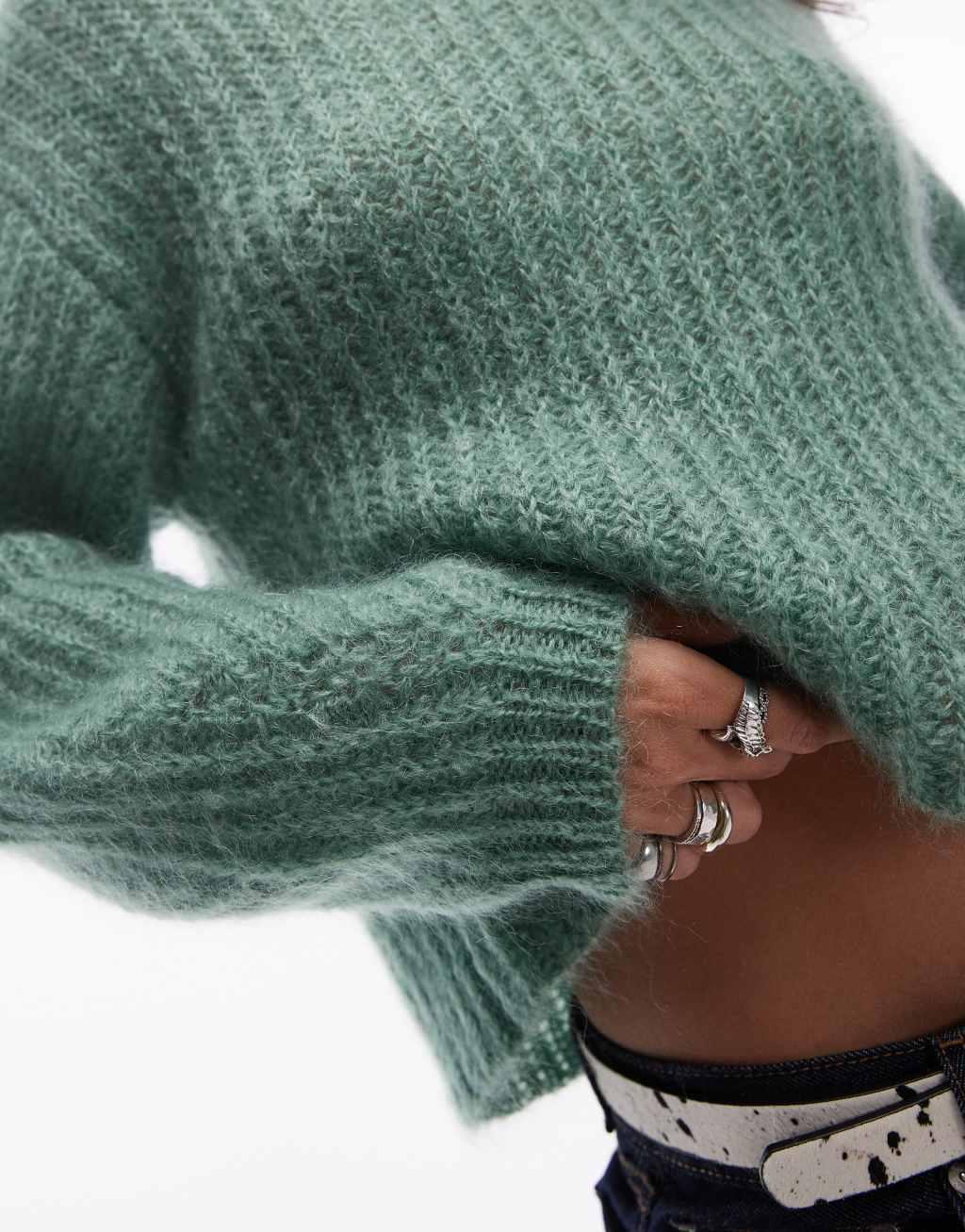 Topshop premium 70% mohair ribbed sweater in green Product Image