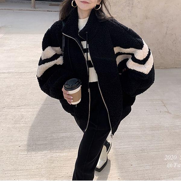 Stand Collar Striped Zip-Up Fleece Jacket Product Image