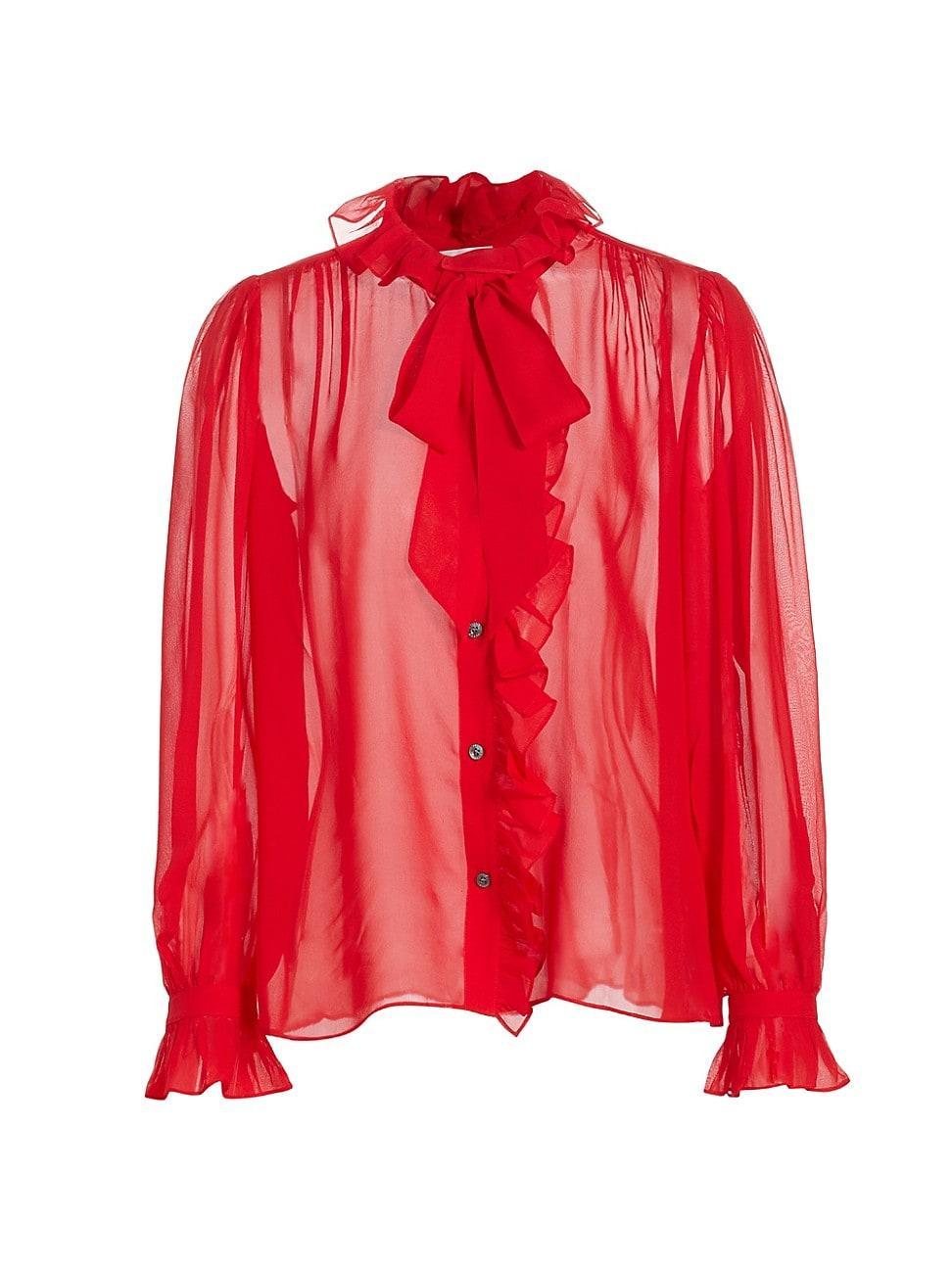 Womens Ruffled Silk Button-Front Blouse Product Image