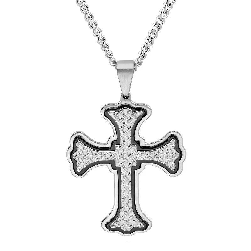 Mens Jewelry Nation Stainless Steel Trim Texture Cross Pendant Necklace Black Two Tone Product Image