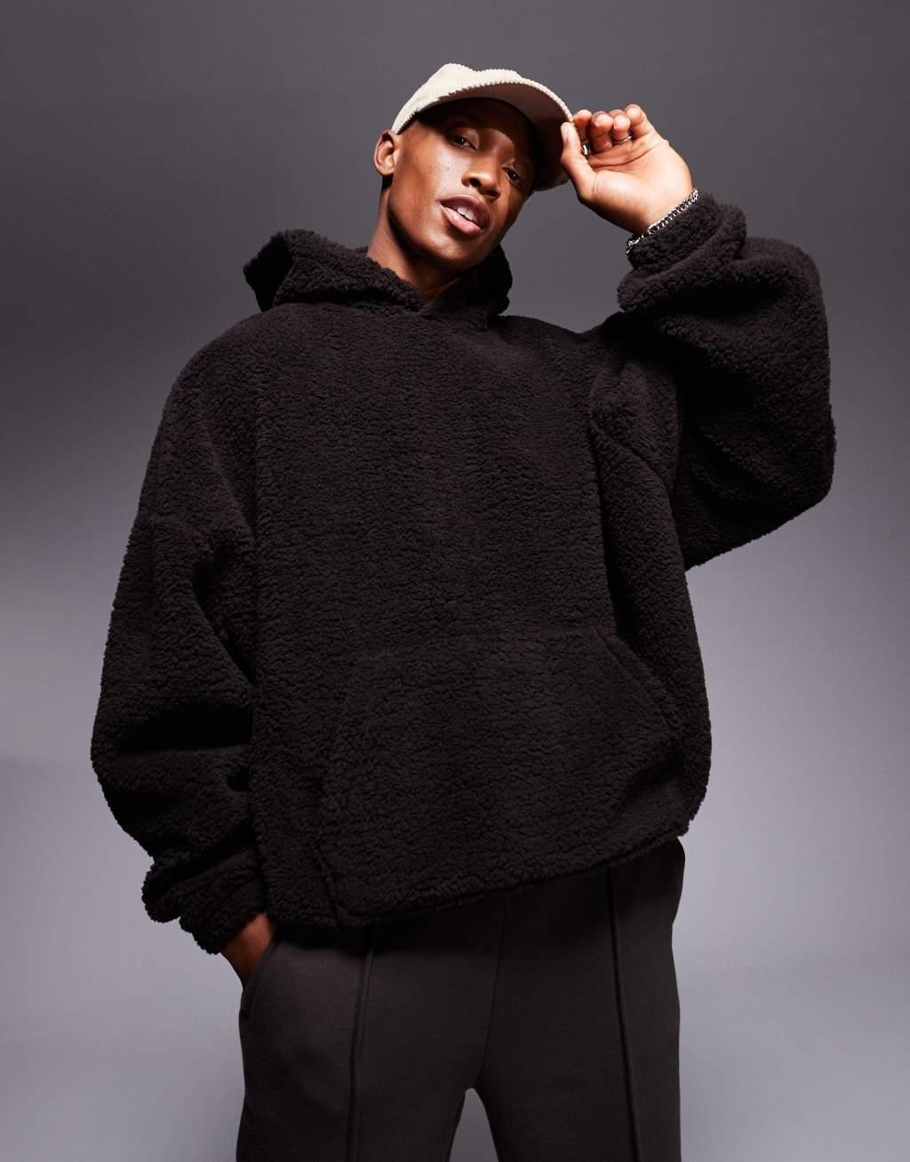 ASOS DESIGN extreme oversized borg hoodie in brown Product Image