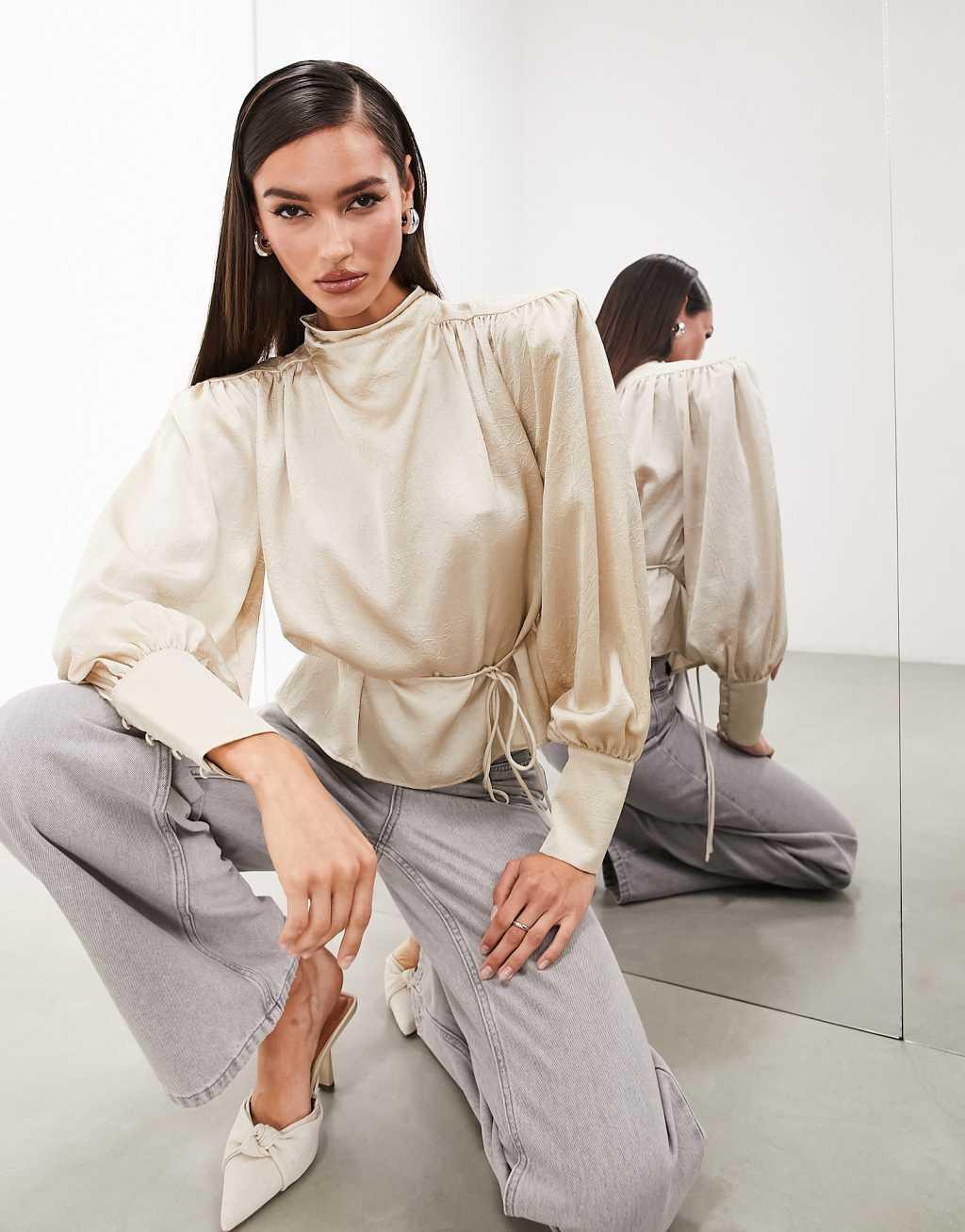 ASOS EDITION hammered satin bold shoulder cropped blouse with removable tie in ivory Product Image