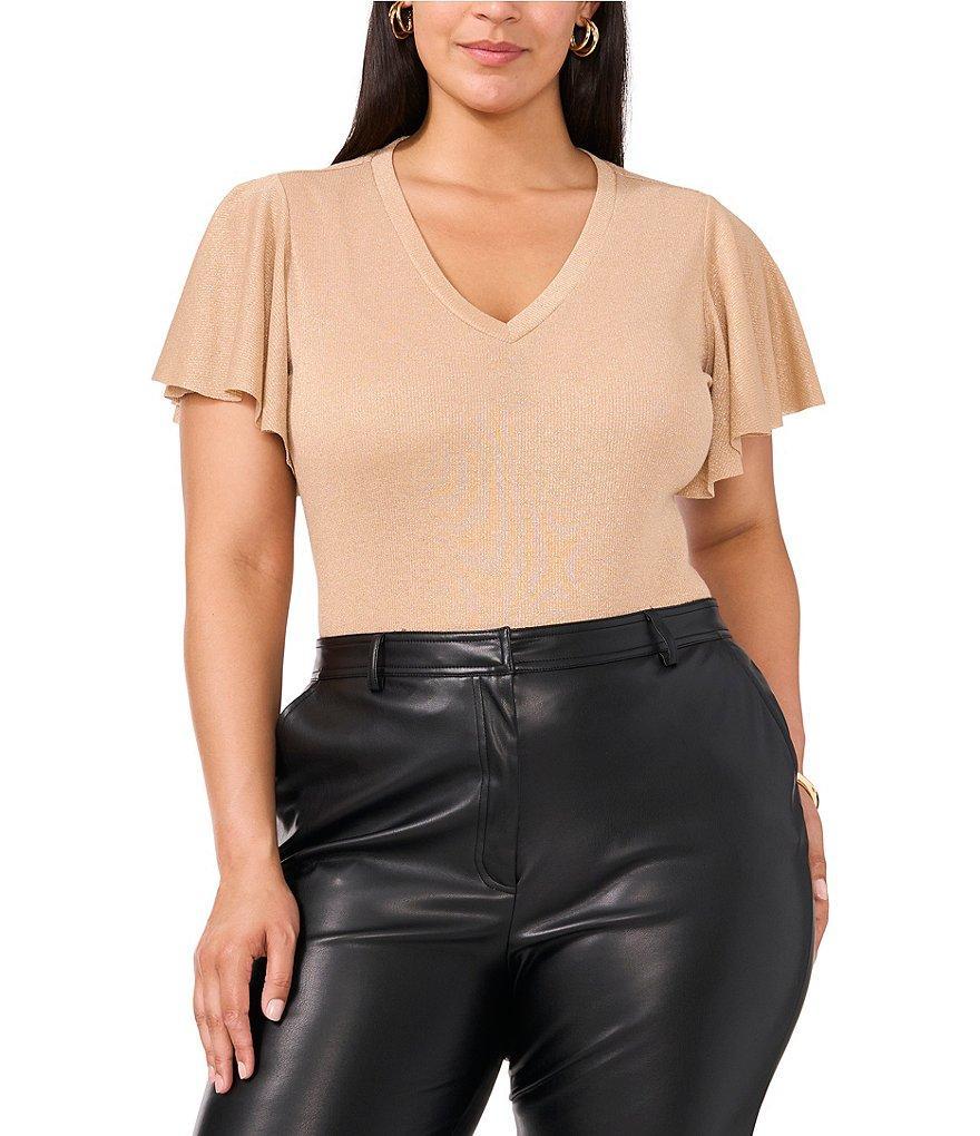 Vince Camuto Plus Size Lurex Knit V-Neck Short Ruffle Sleeve Blouse Product Image