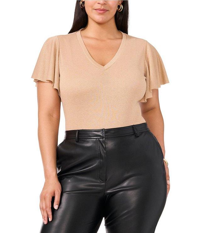 Vince Camuto Plus Size Lurex Knit V-Neck Short Ruffle Sleeve Blouse Product Image