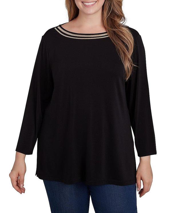 Ruby Rd. Plus Size Solid Embellished Boat Neck 3/4 Sleeve Knit Top Product Image