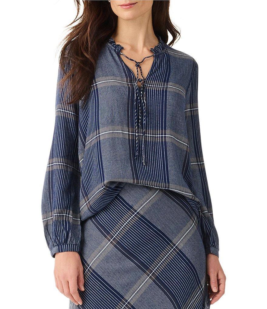 NIC + ZOE Line It Up Woven Plaid Print Ruffle Collar Long Sleeve Top Product Image