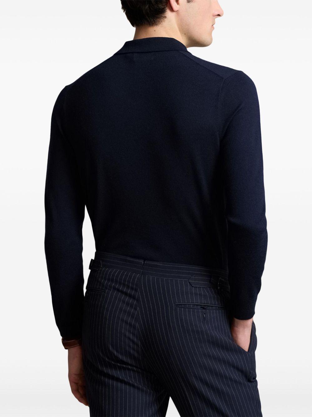 Long-sleeved Wool Polo Shirt In Blue Product Image