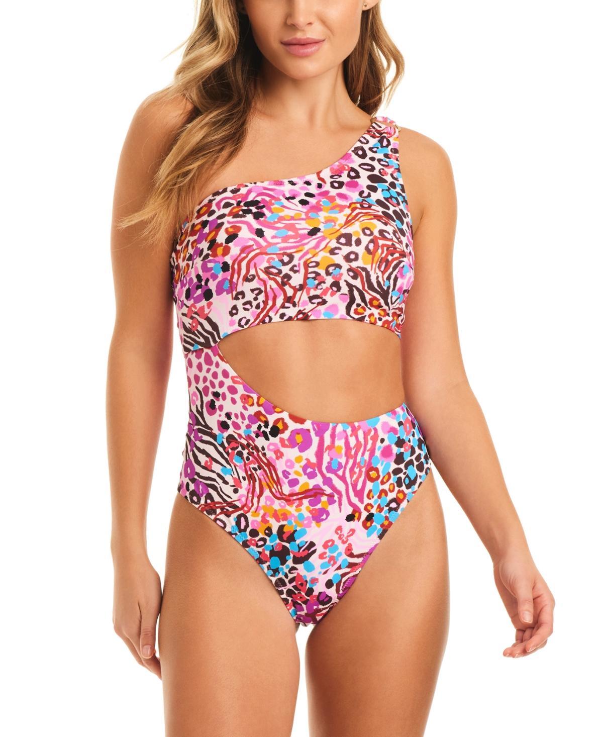 Jessica Simpson Womens Abstract-Print One-Shoulder Swimsuit Product Image