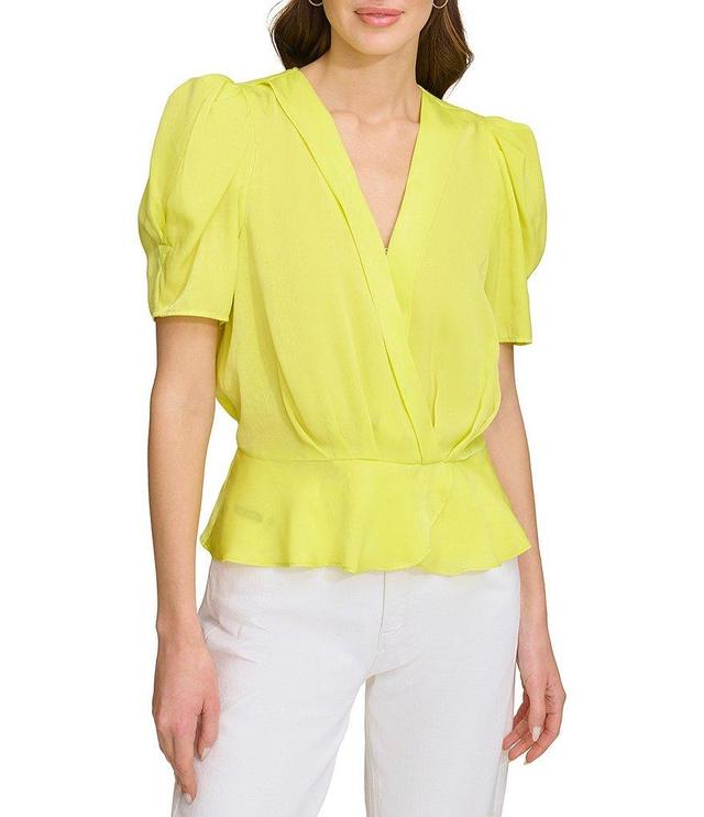 DKNY Surplice V Neckline Short Puff Sleeve Peplum Blouse Product Image