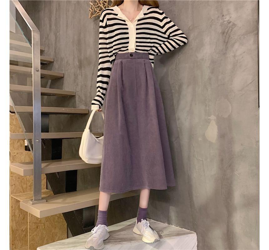 High-Waist Corduroy A-Line Midi Skirt Product Image